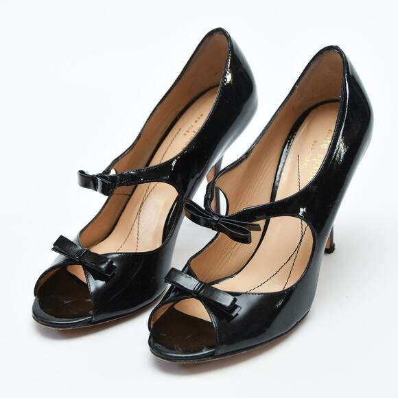 Kate Spade New York Cammie Black Patent Leather Bow Peep Toe Heels Size 8 - Picture 2 of 6